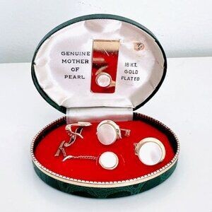 GENUINE MOTHER OF PEARL 18 KT GOLD PLATED MENS CUFFLINKS TIE PIN CLIP MONEY CLIP